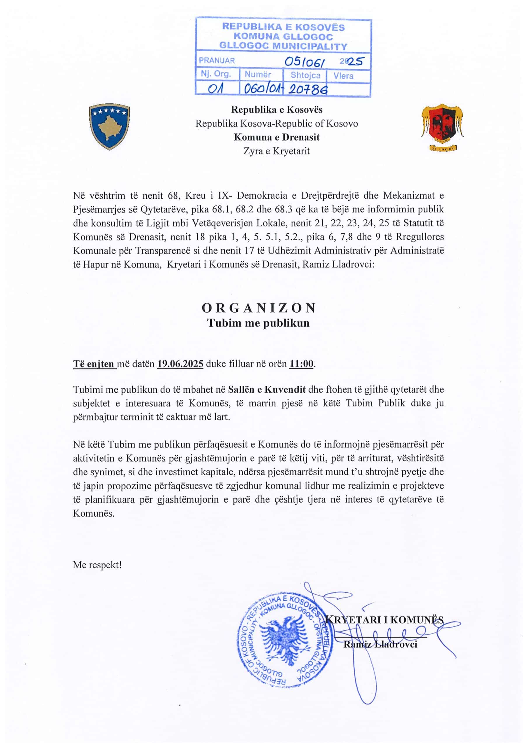 Njoftim për qytetarët e Komunës së Drenasit