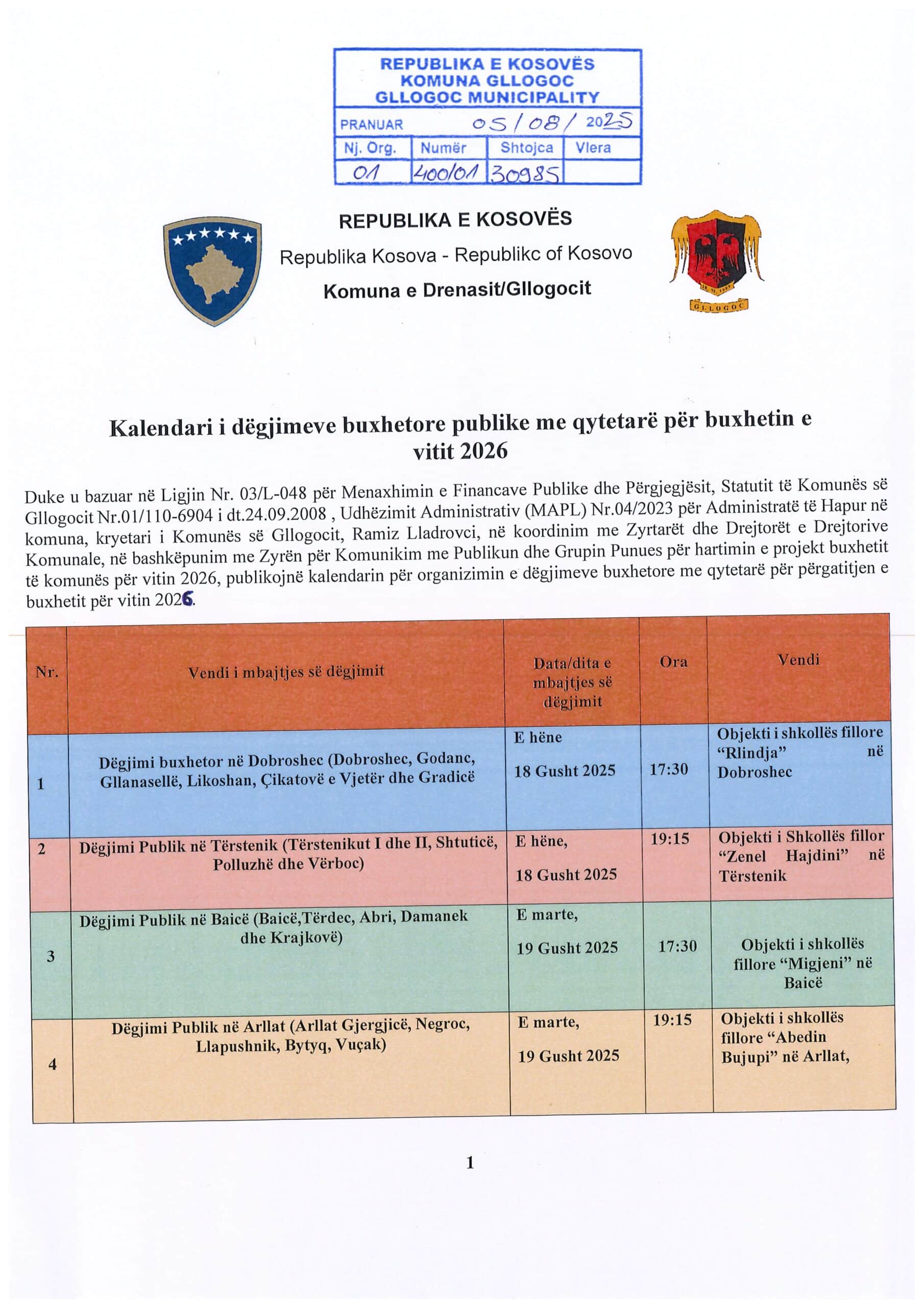 Komuna e Drenasit publikon kalendarin e dëgjimeve buxhetore për vitin 2026