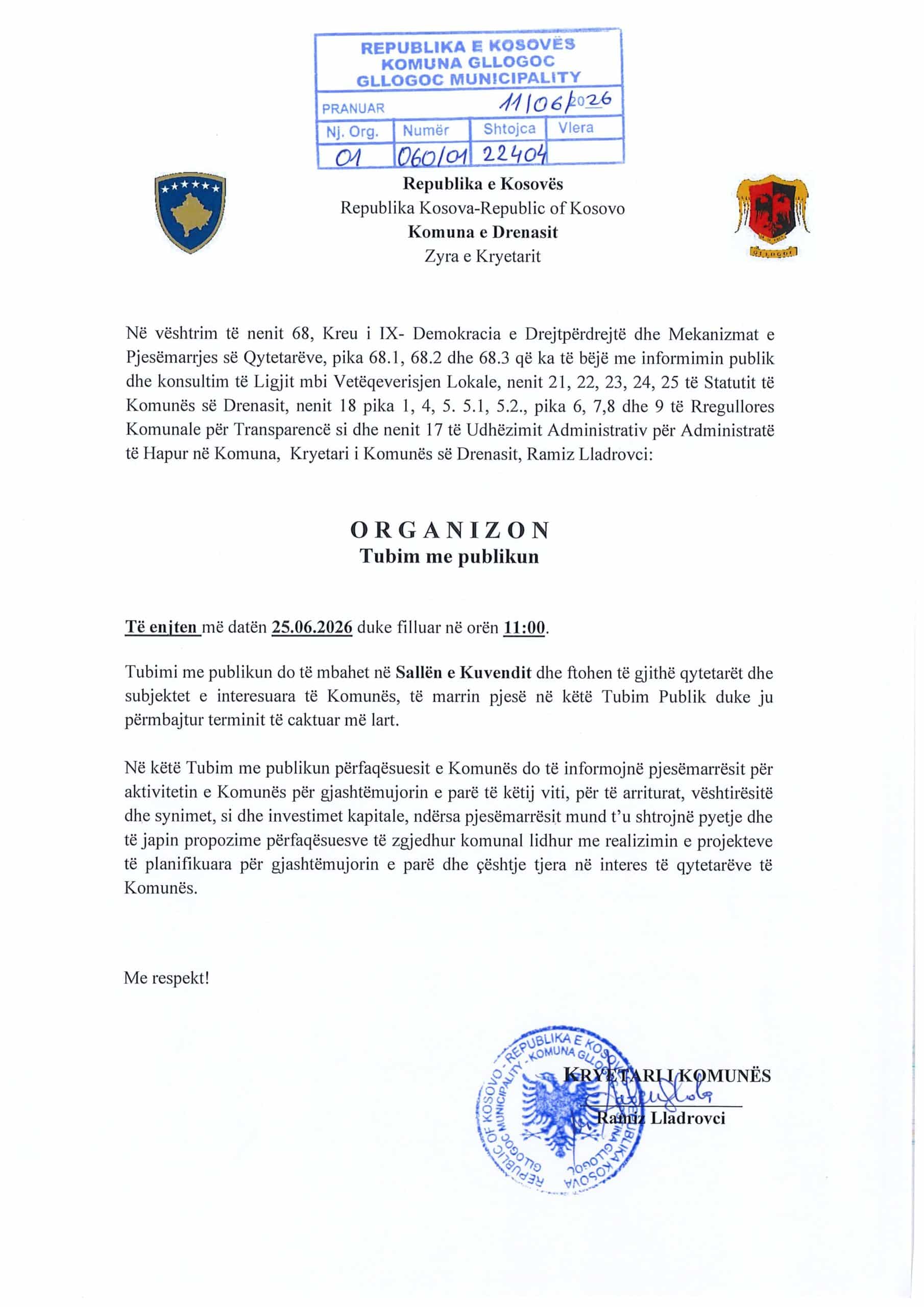 Njoftimi për tubimin e parë me publikun