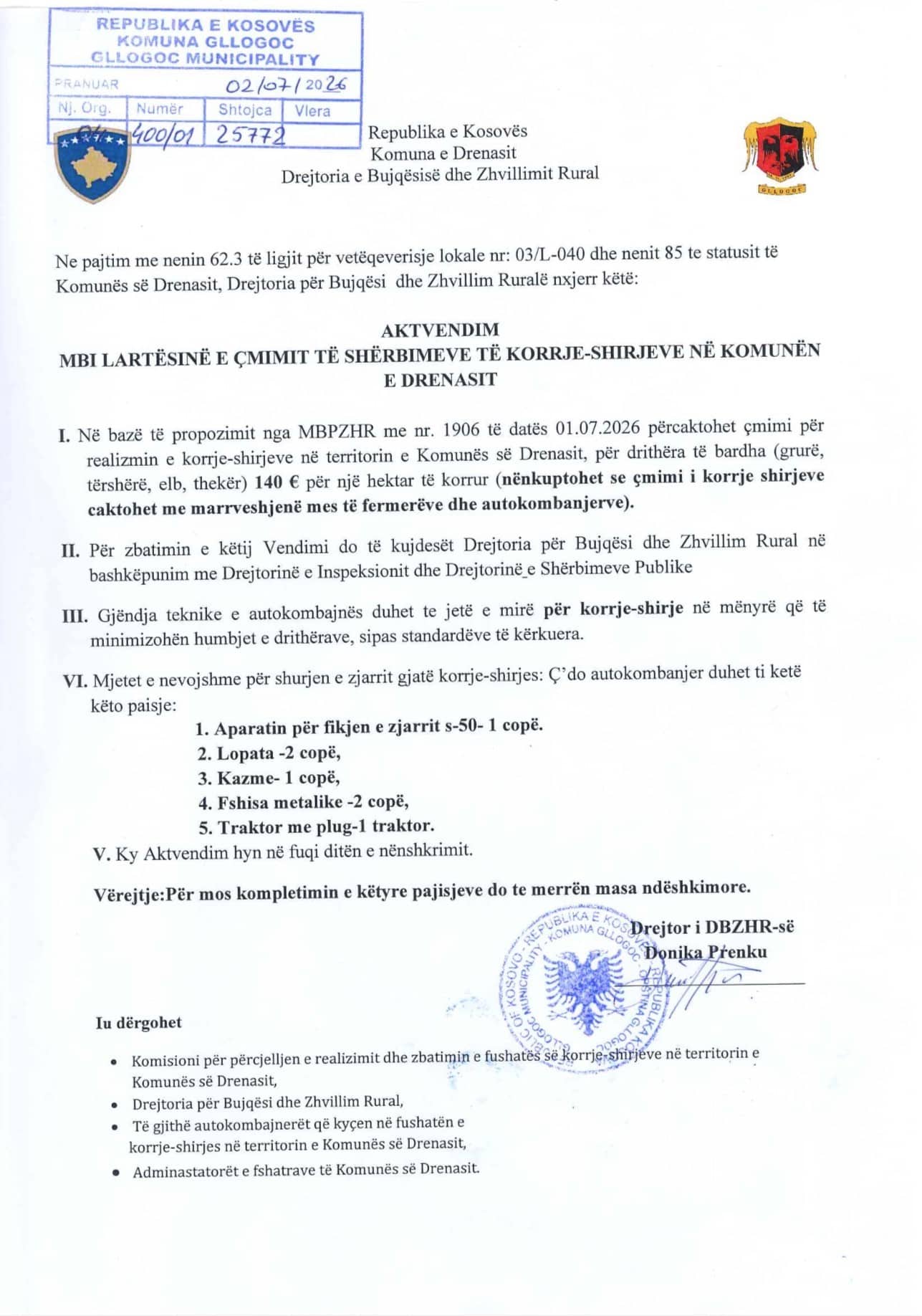 Përcaktohet çmimi orientues i shërbimeve të korrje-shirjeve në Komunën e Drenasit